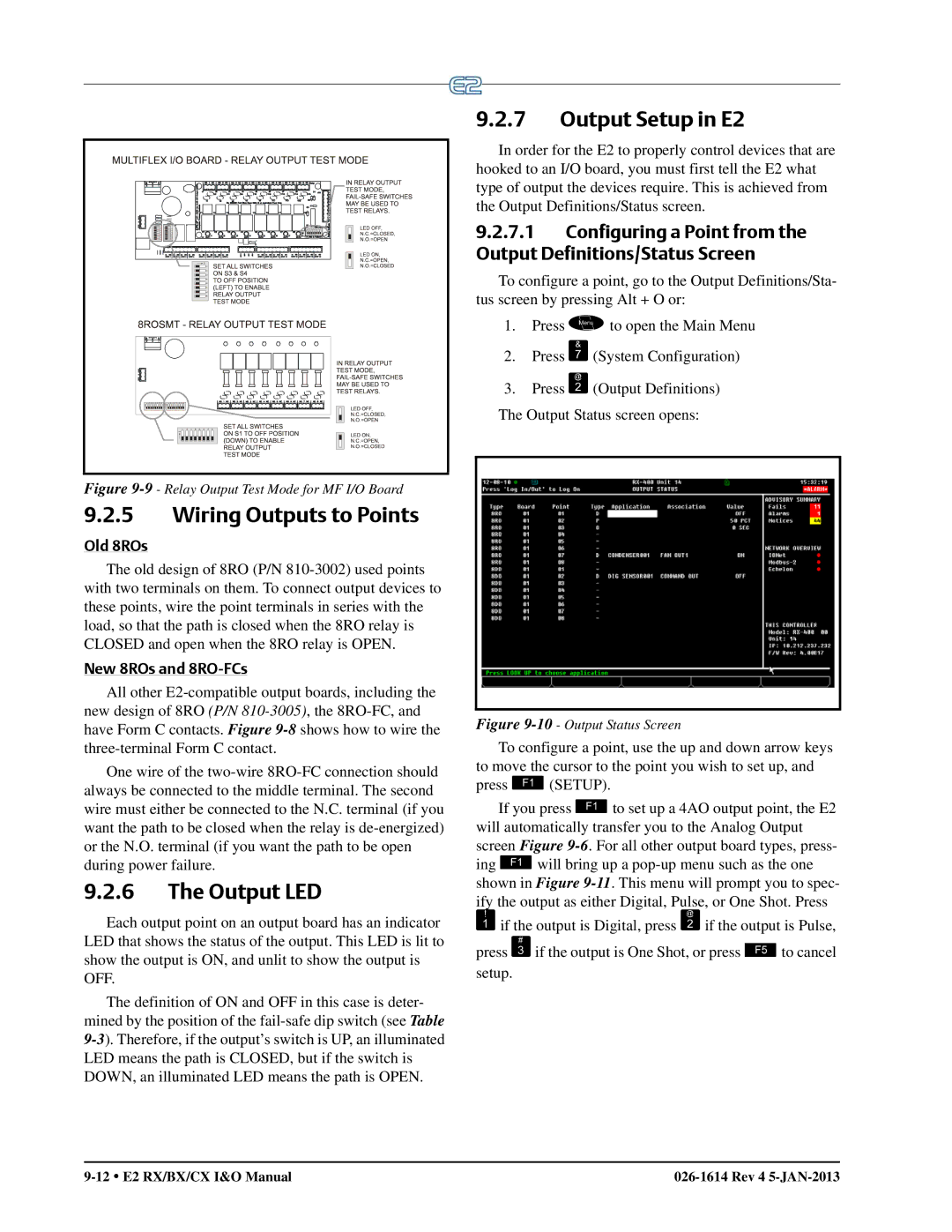 Emerson operation manual Wiring Outputs to Points, Output LED, Output Setup in E2, Old 8ROs, New 8ROs and 8RO-FCs 