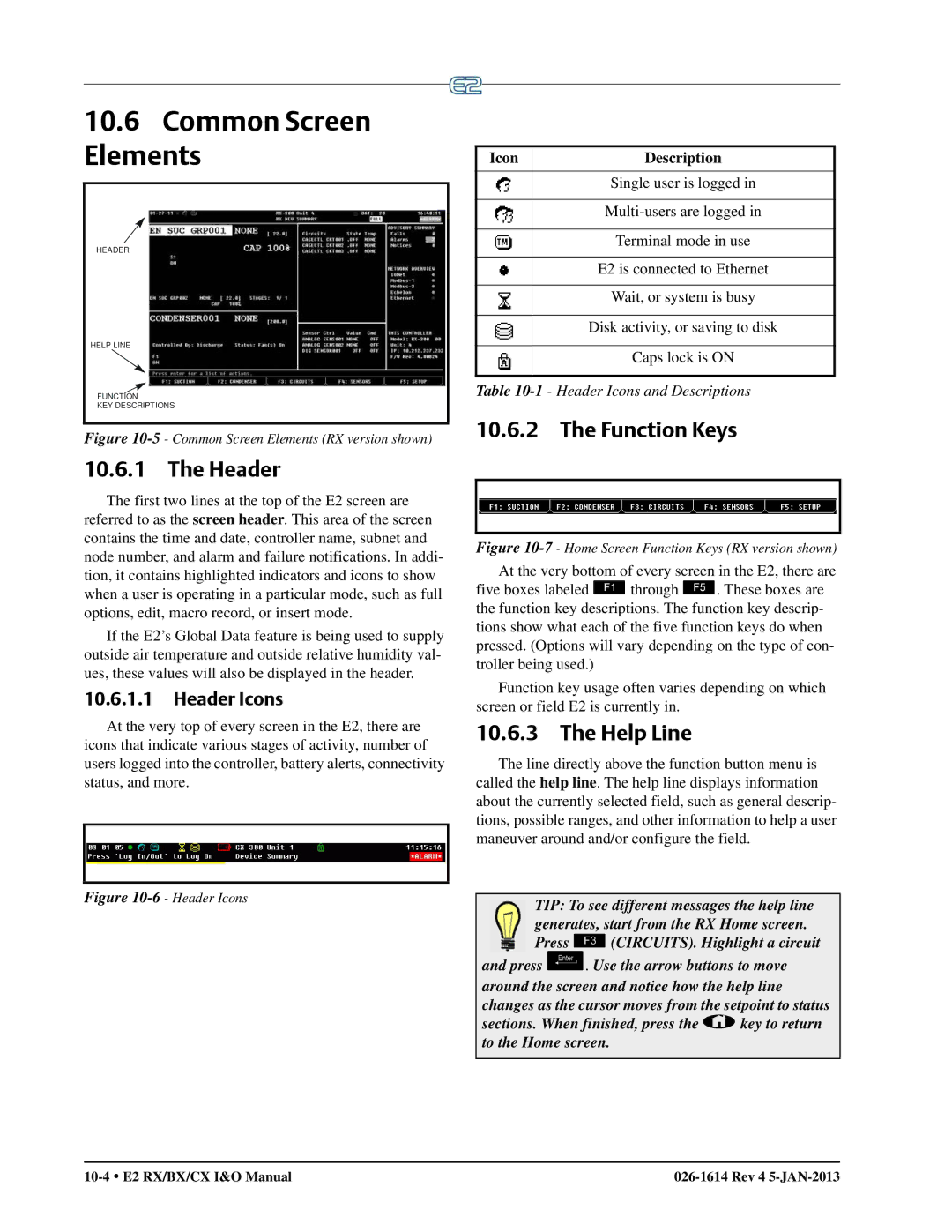 Emerson E2 operation manual Common Screen Elements, Function Keys, Help Line, Header Icons 