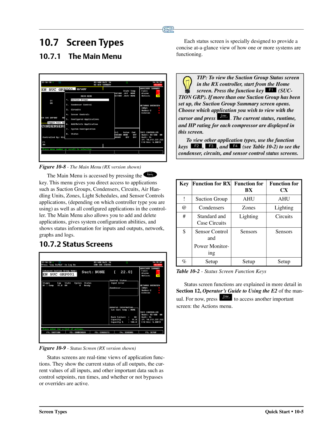 Emerson E2 operation manual Screen Types, Main Menu, Status Screens, Key Function for RX, Status Screen Function Keys 