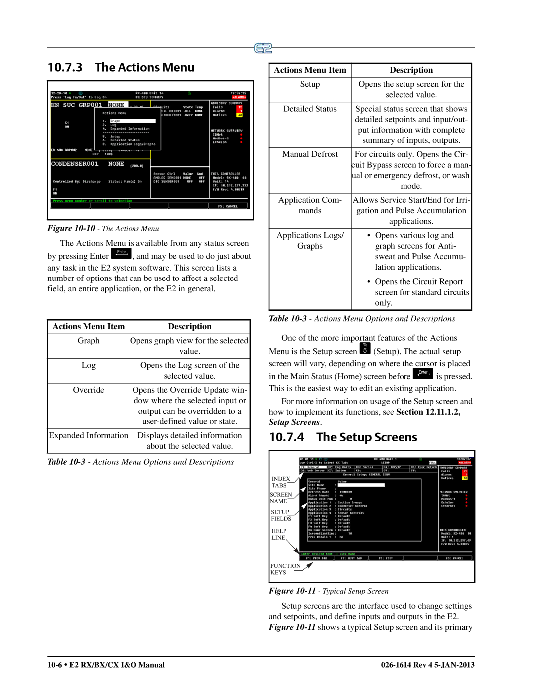 Emerson E2 operation manual Setup Screens, Actions Menu Item Description, Actions Menu Options and Descriptions 