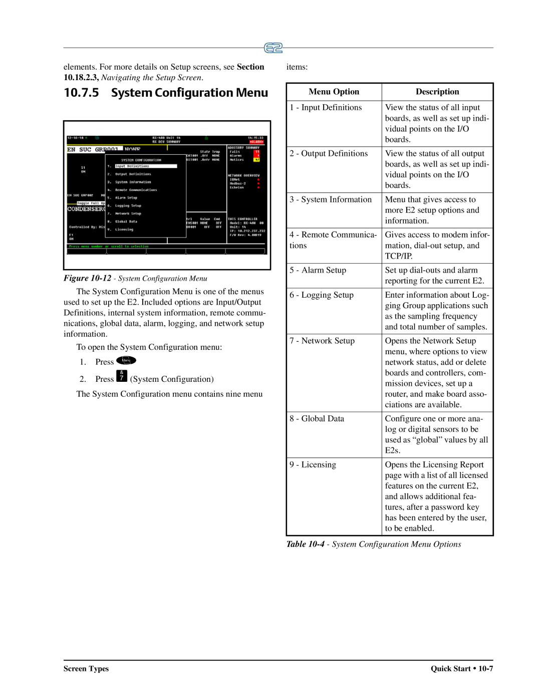 Emerson E2 operation manual Menu Option Description, System Configuration Menu Options 