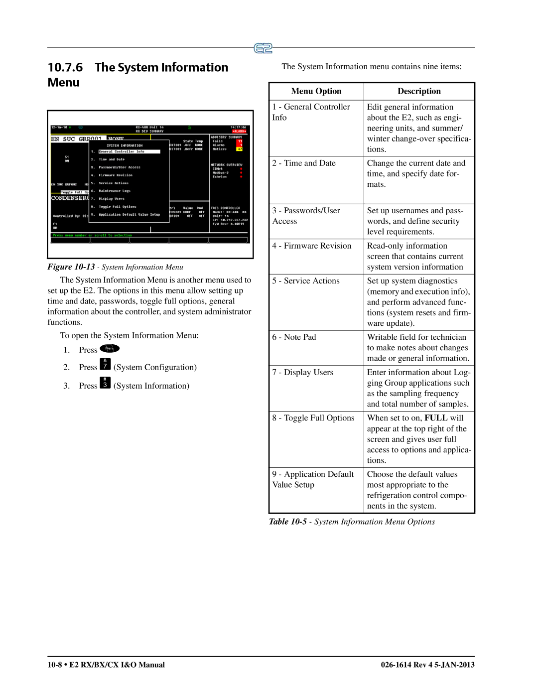 Emerson E2 operation manual System Information Menu Options 