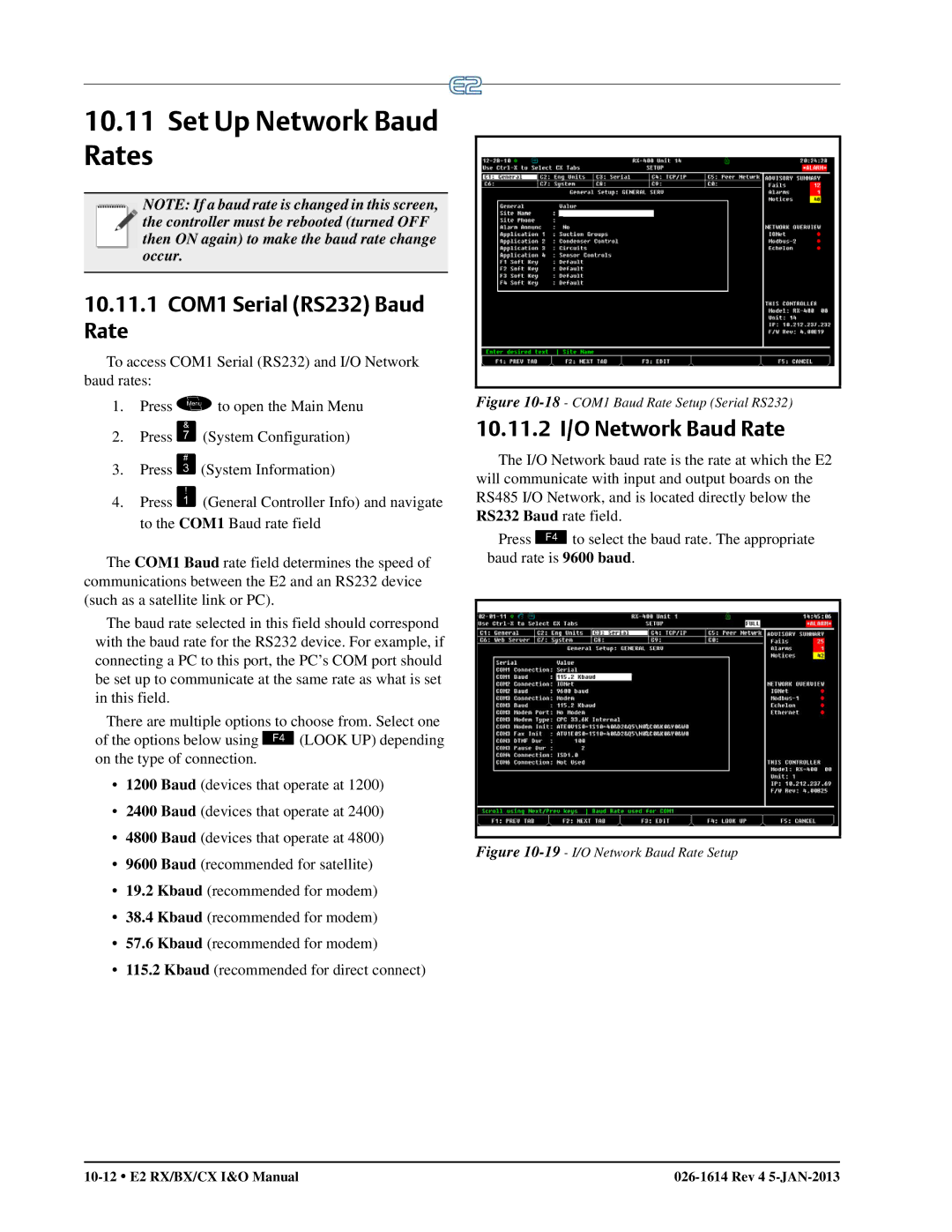 Emerson E2 operation manual Set Up Network Baud Rates, 10.11.1 COM1 Serial RS232 Baud Rate, 10.11.2 I/O Network Baud Rate 