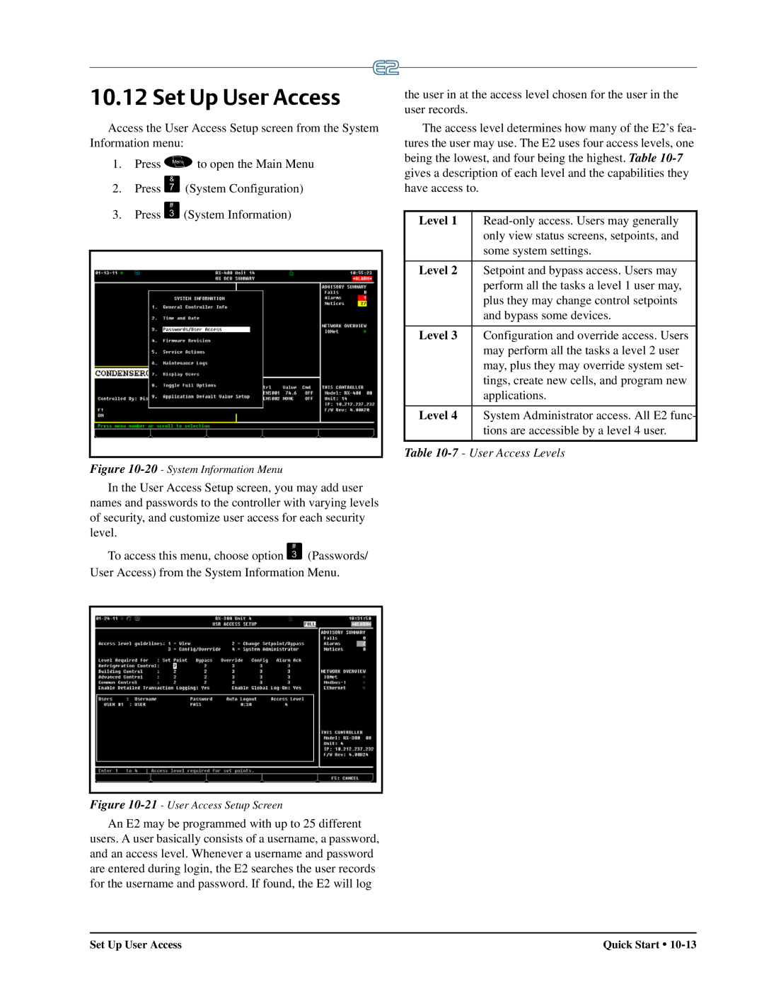 Emerson E2 operation manual Set Up User Access, User Access Levels 