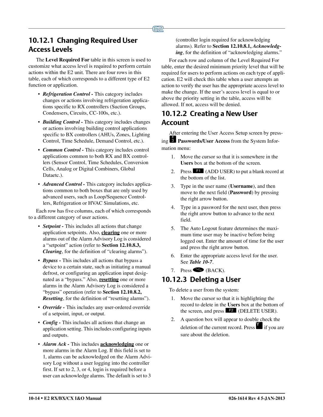 Emerson E2 operation manual Changing Required User Access Levels, Creating a New User Account, Deleting a User 