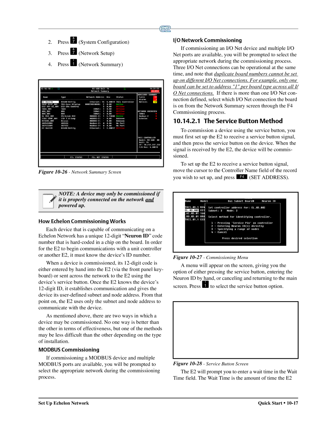 Emerson E2 Service Button Method, How Echelon Commissioning Works, Modbus Commissioning, Network Commissioning 