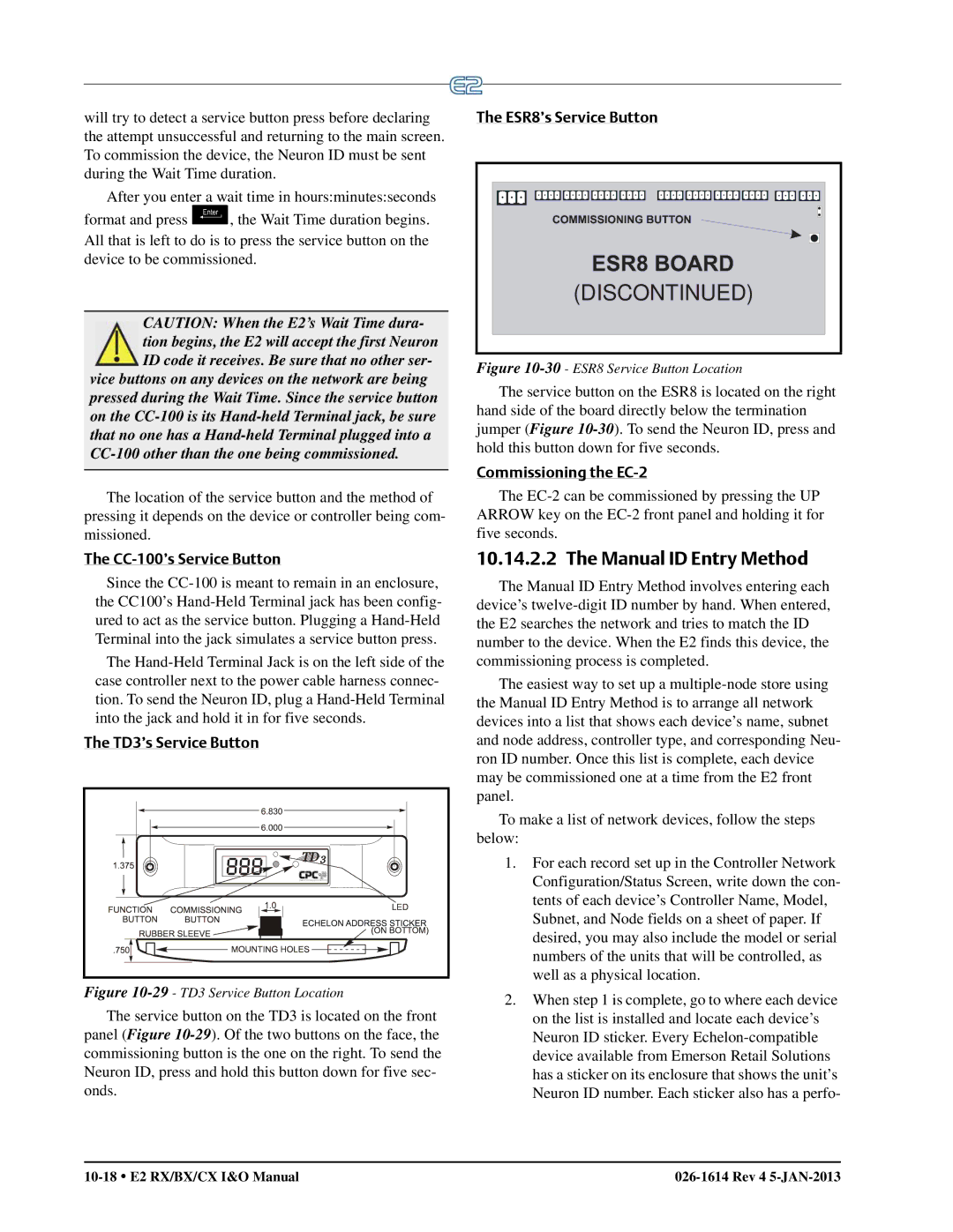 Emerson E2 operation manual Manual ID Entry Method, CC-100’s Service Button, TD3’s Service Button, ESR8’s Service Button 