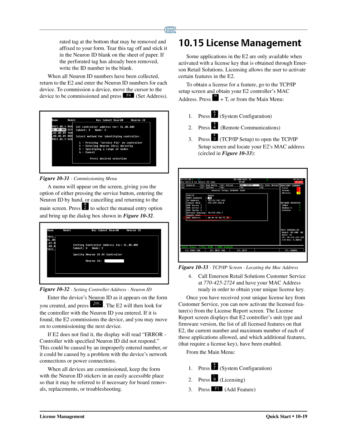 Emerson E2 operation manual License Management, Commissioning Menu 