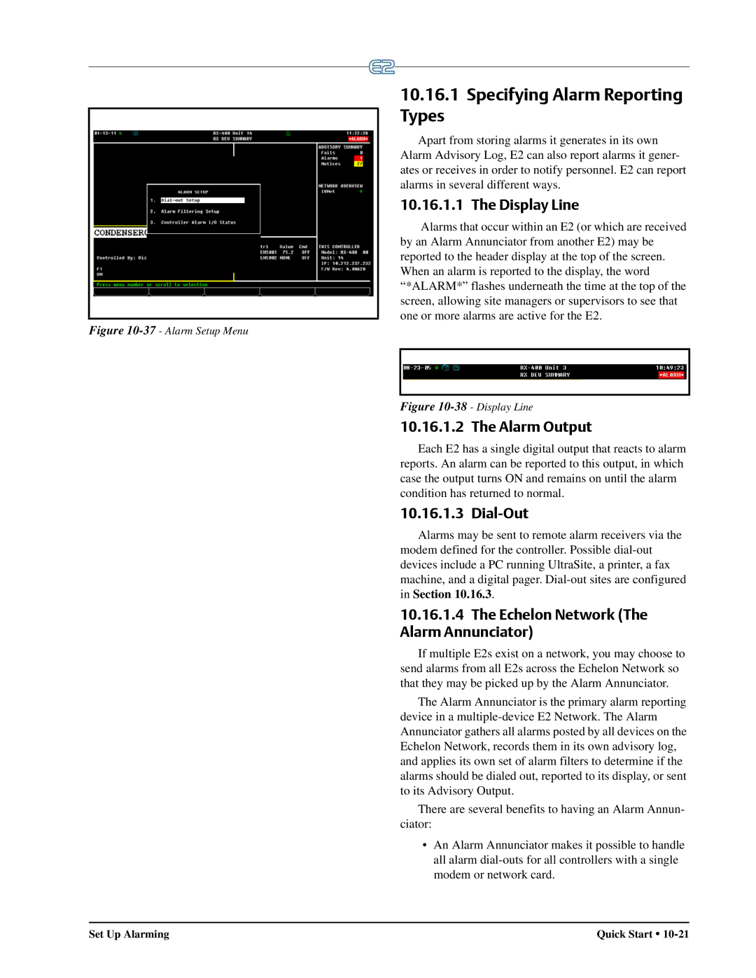 Emerson E2 Specifying Alarm Reporting Types, Display Line, Alarm Output, Dial-Out, Echelon Network Alarm Annunciator 