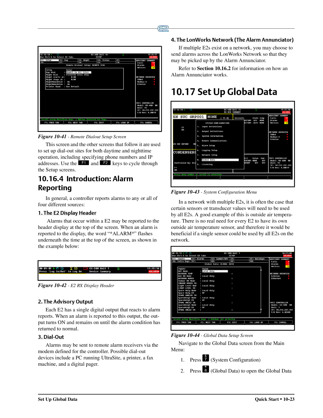 Emerson E2 operation manual Set Up Global Data, Introduction Alarm Reporting 