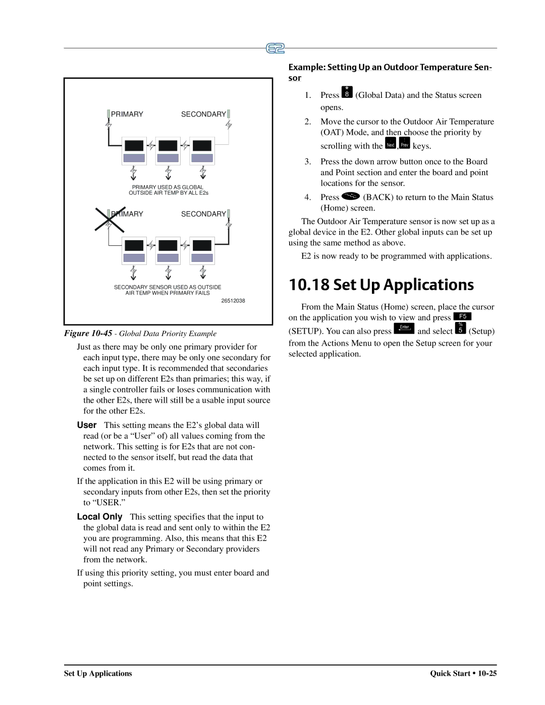 Emerson E2 operation manual Set Up Applications, Example Setting Up an Outdoor Temperature Sen- sor 