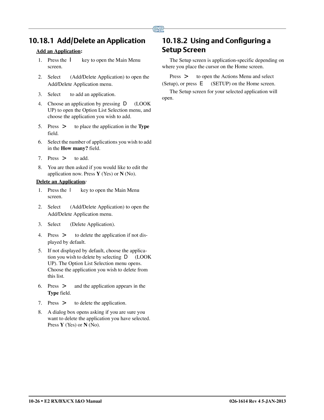 Emerson E2 operation manual 10.18.1 Add/Delete an Application, Using and Configuring a Setup Screen, Add an Application 