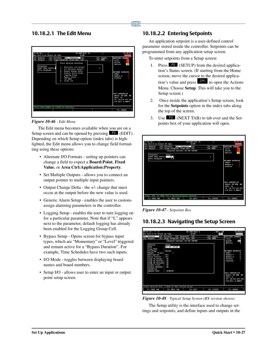 Emerson E2 operation manual Edit Menu, Entering Setpoints, Navigating the Setup Screen 