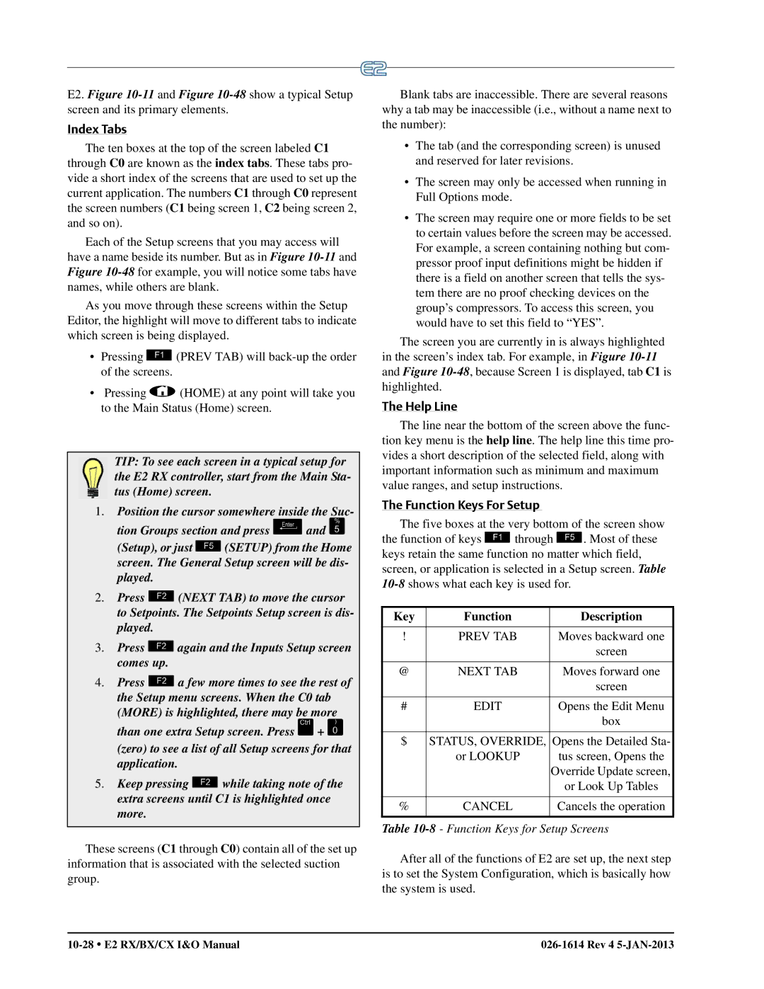 Emerson E2 Index Tabs, Help Line, Function Keys For Setup, Key Function Description, Function Keys for Setup Screens 