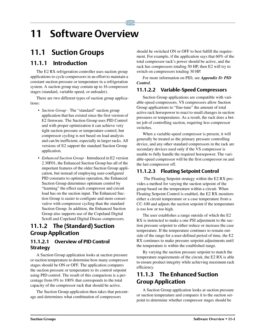 Emerson E2 operation manual Software Overview, Suction Groups, Introduction, Standard Suction Group Application 