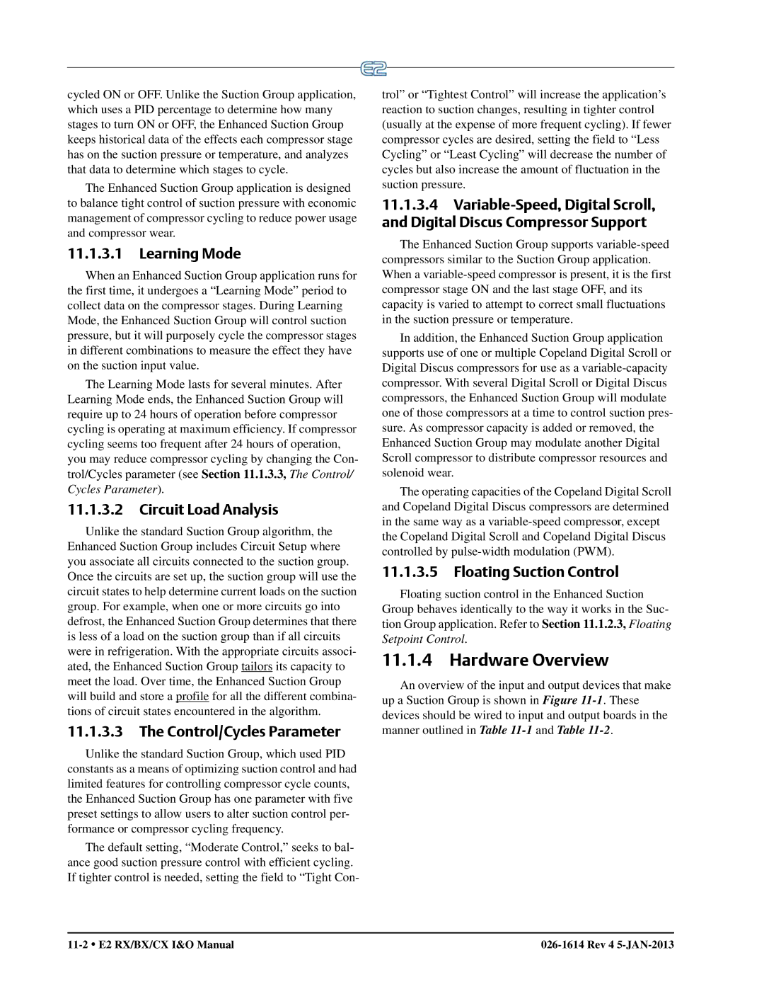 Emerson E2 Hardware Overview, Learning Mode, Circuit Load Analysis, Control/Cycles Parameter, Floating Suction Control 