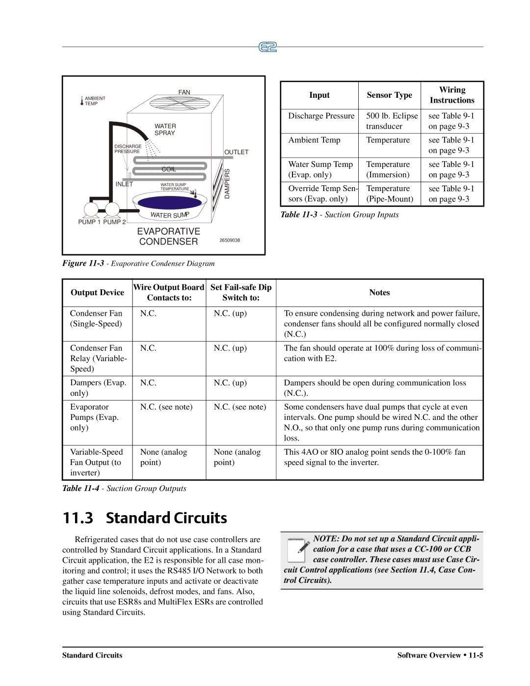 Emerson E2 operation manual Standard Circuits, Evaporative Condenser 