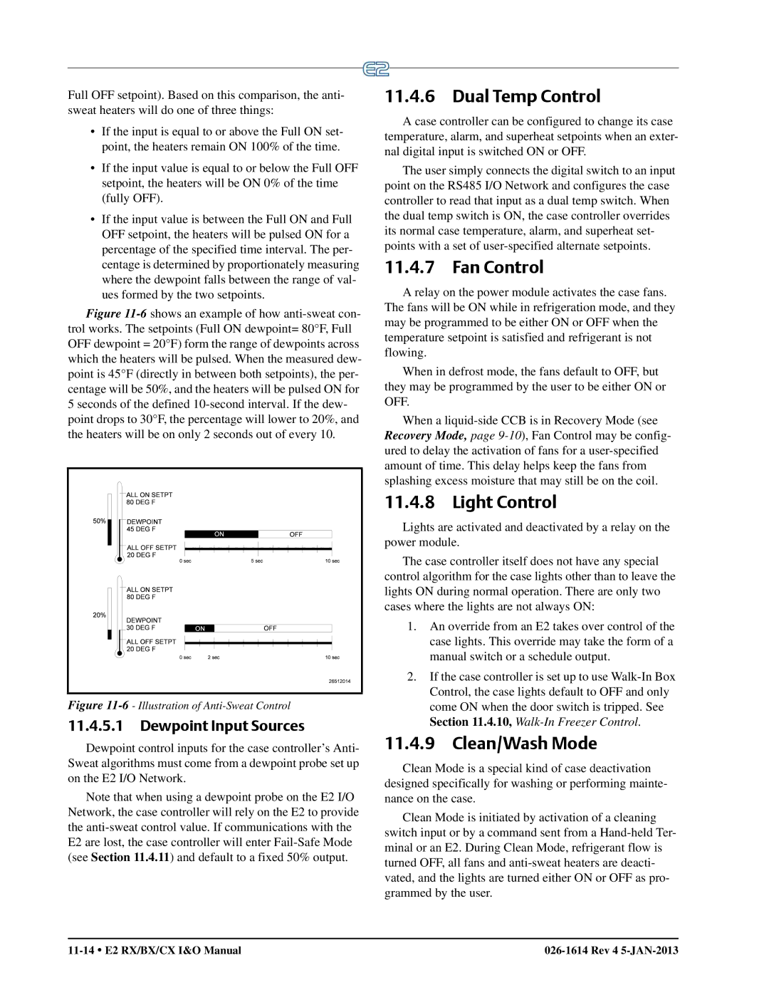 Emerson E2 operation manual Dual Temp Control, Light Control, Clean/Wash Mode, Dewpoint Input Sources 