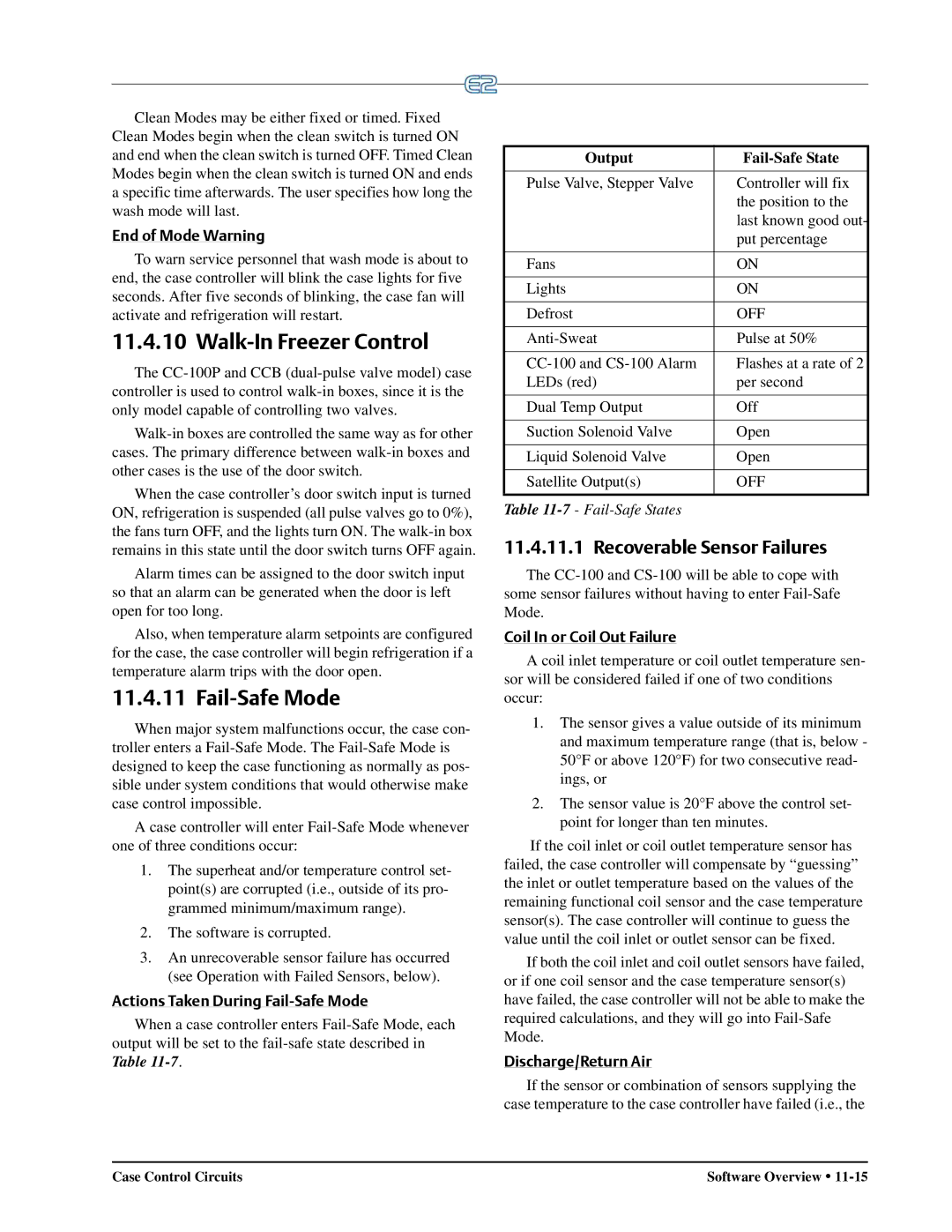 Emerson E2 operation manual Walk-In Freezer Control, Fail-Safe Mode, Recoverable Sensor Failures 