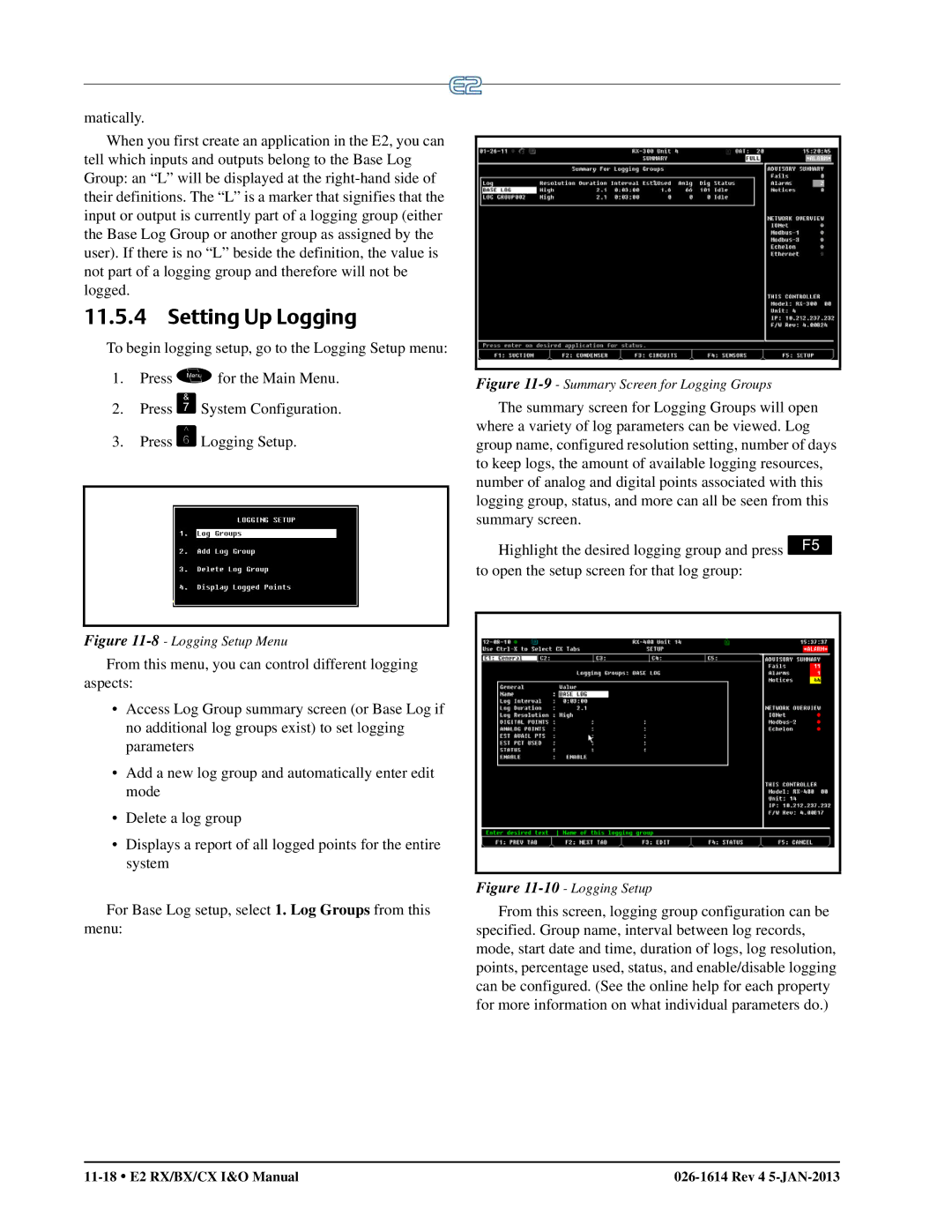 Emerson E2 operation manual Setting Up Logging, Logging Setup Menu 