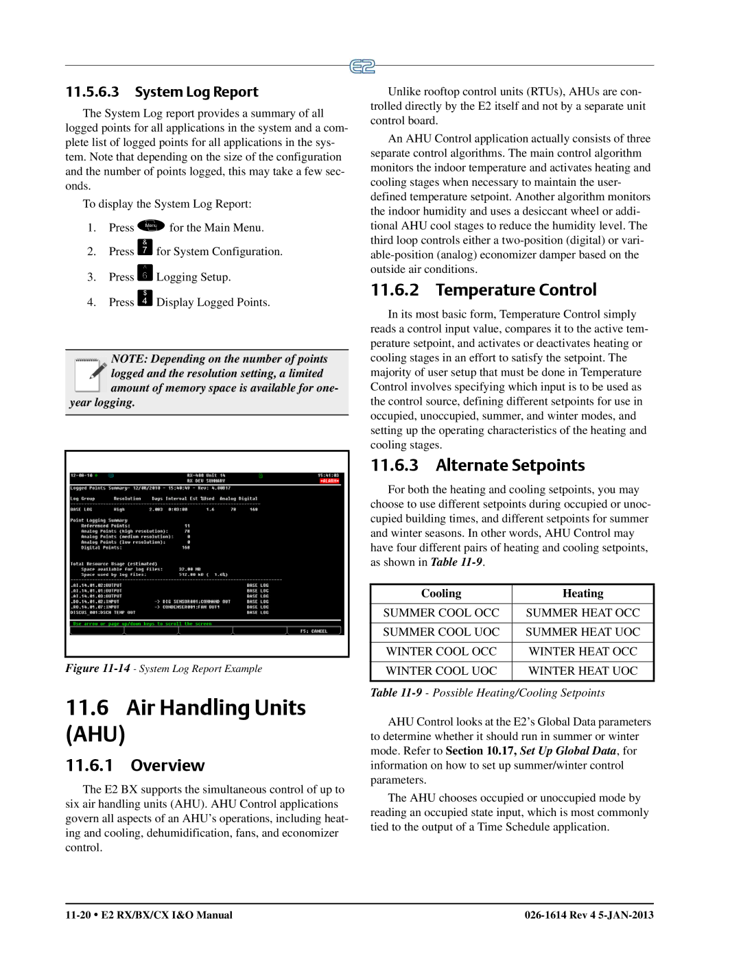 Emerson E2 Air Handling Units, Temperature Control, Alternate Setpoints, System Log Report, Cooling Heating 