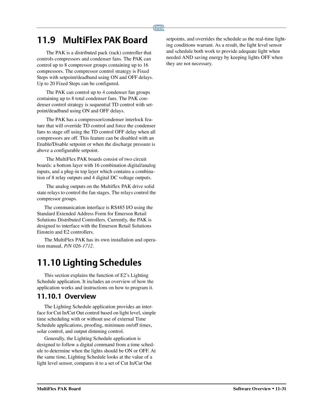 Emerson E2 operation manual MultiFlex PAK Board, Lighting Schedules 