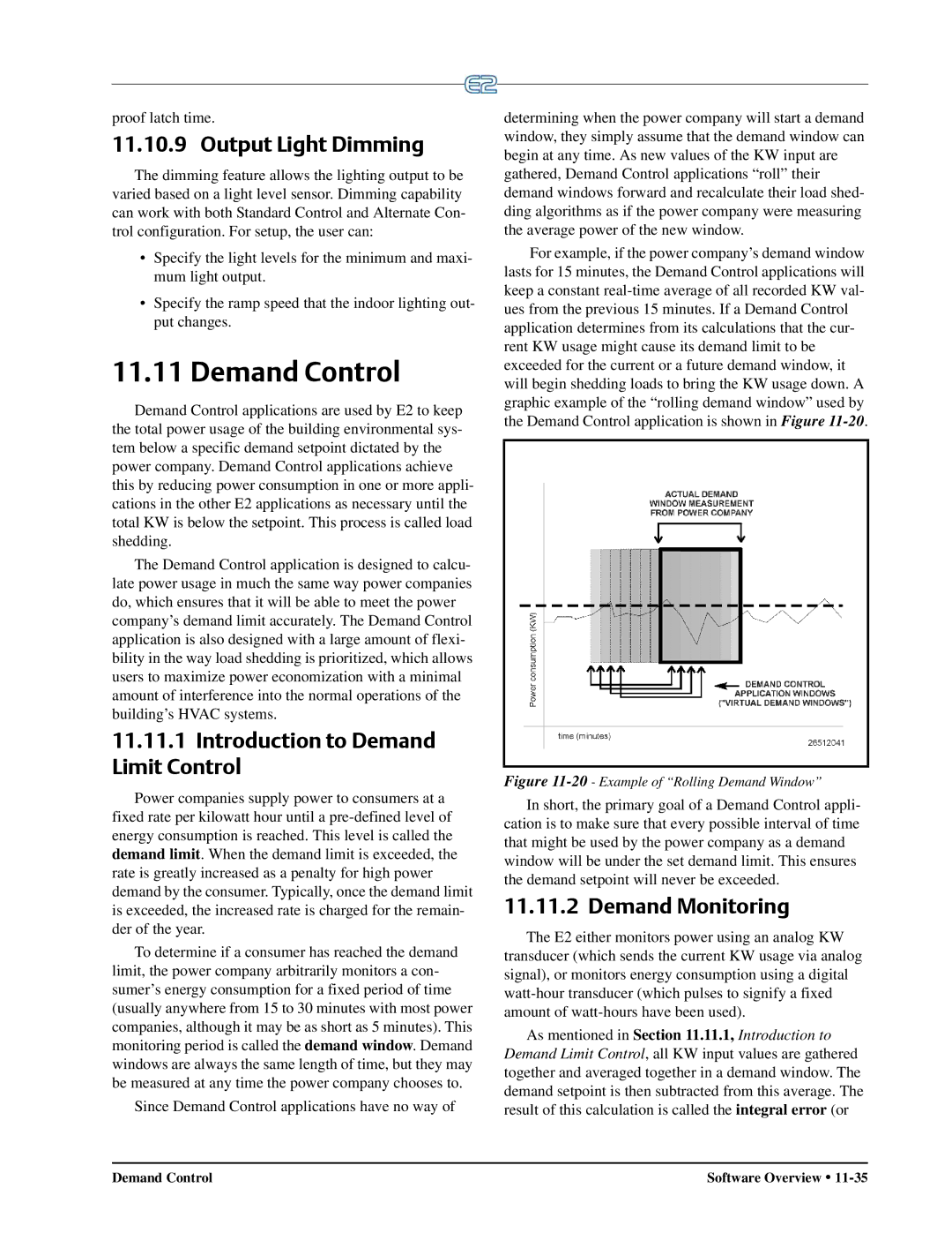 Emerson E2 operation manual Demand Control, Output Light Dimming, Introduction to Demand Limit Control, Demand Monitoring 