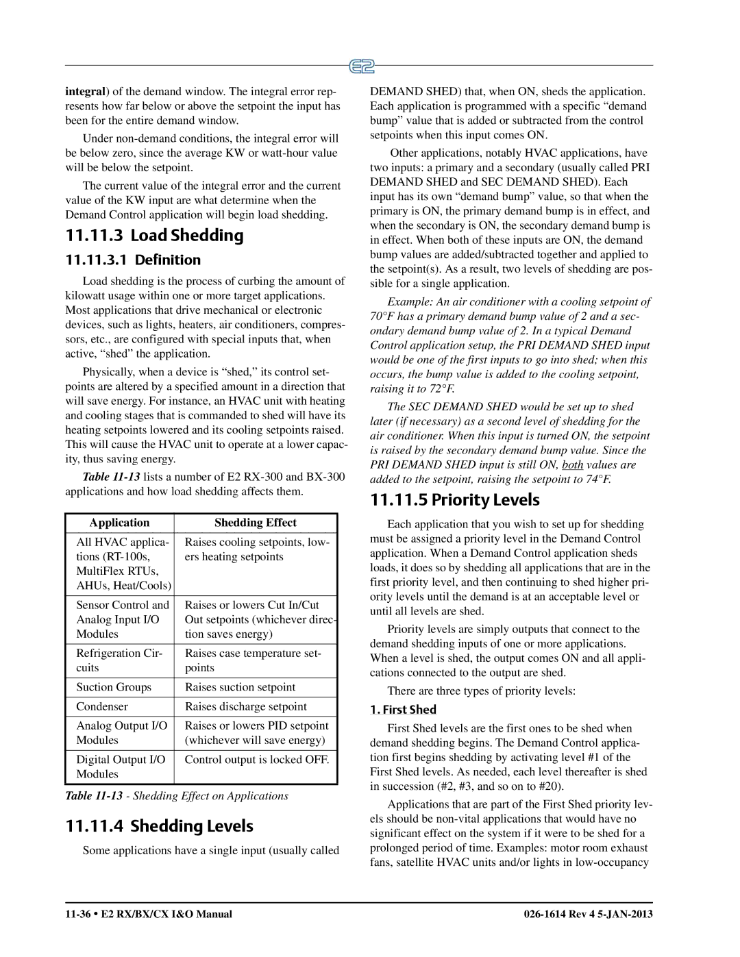 Emerson E2 operation manual Load Shedding, Shedding Levels, Priority Levels, Definition, First Shed 