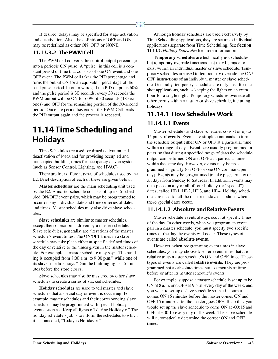 Emerson E2 operation manual Time Scheduling and Holidays, How Schedules Work, PWM Cell, Absolute and Relative Events 