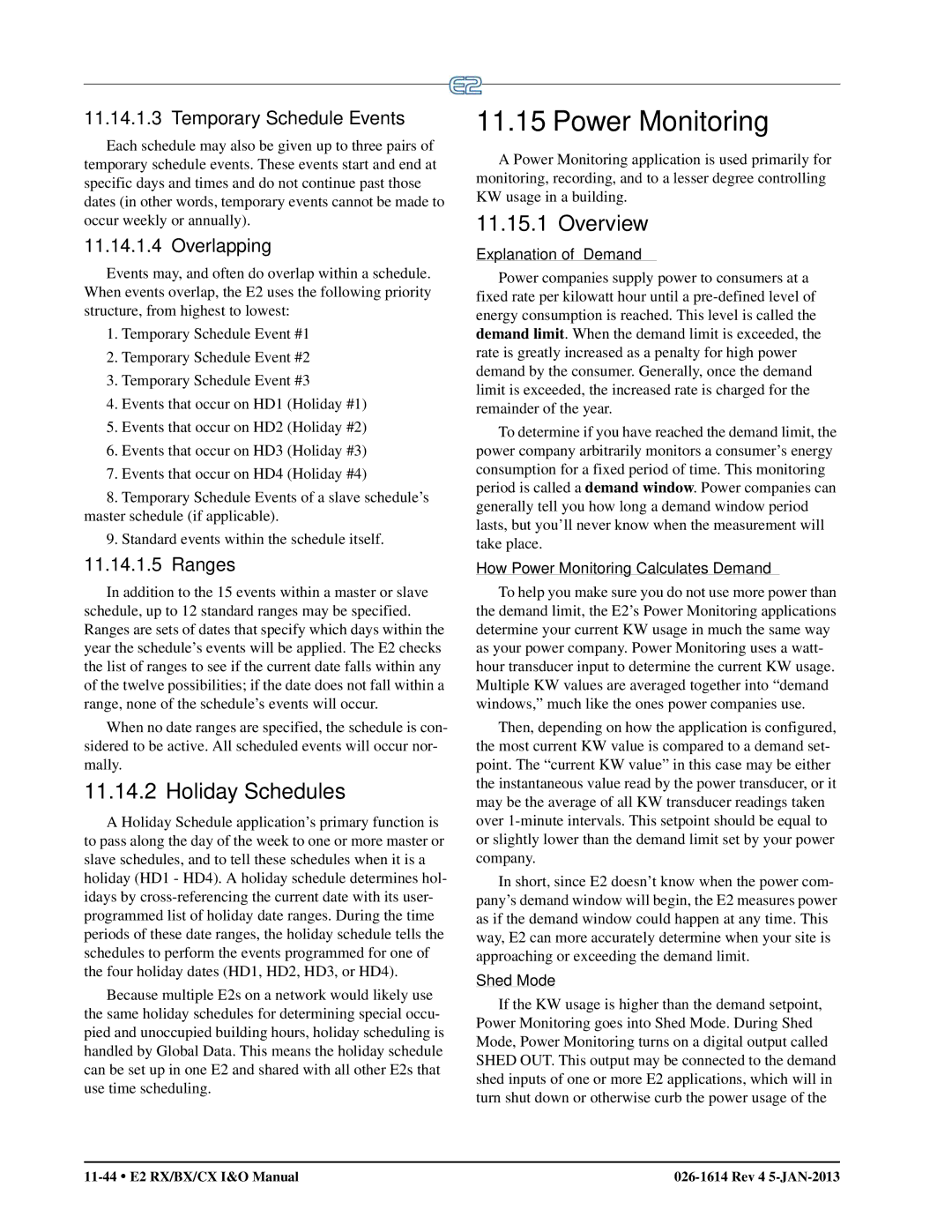 Emerson E2 operation manual Power Monitoring, Holiday Schedules, Temporary Schedule Events, Overlapping, Ranges 