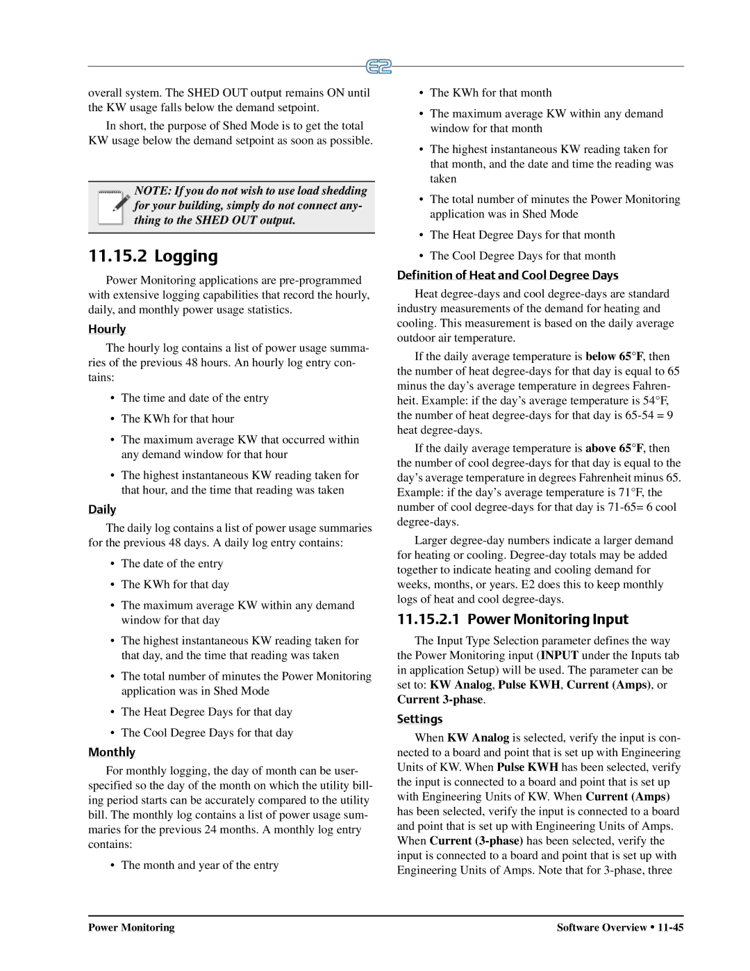 Emerson E2 operation manual Logging, Hourly, Daily, Monthly, Definition of Heat and Cool Degree Days 