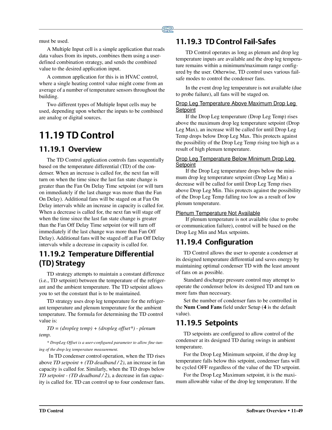 Emerson E2 operation manual Temperature Differential TD Strategy, TD Control Fail-Safes, Configuration, Setpoints 