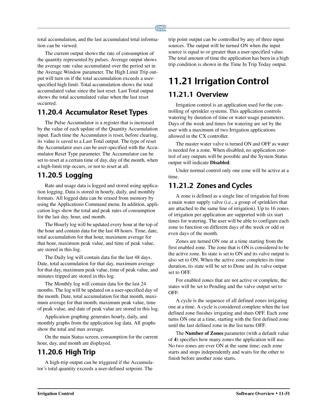 Emerson E2 operation manual Irrigation Control, Accumulator Reset Types, High Trip, Zones and Cycles 