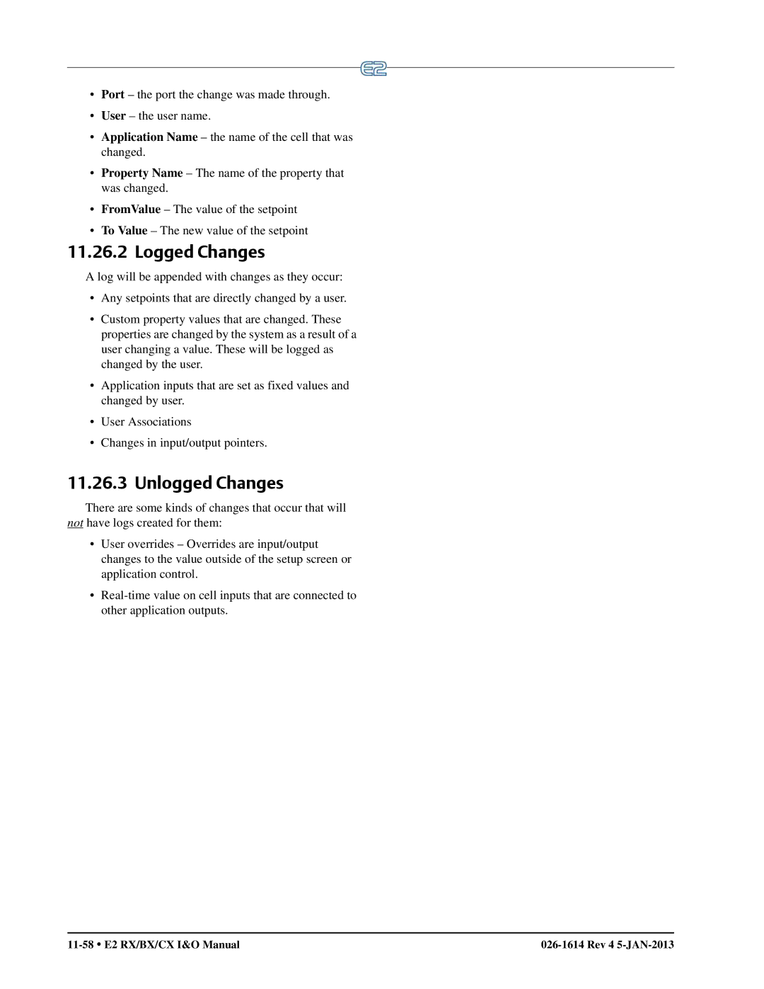 Emerson E2 operation manual Logged Changes, Unlogged Changes 