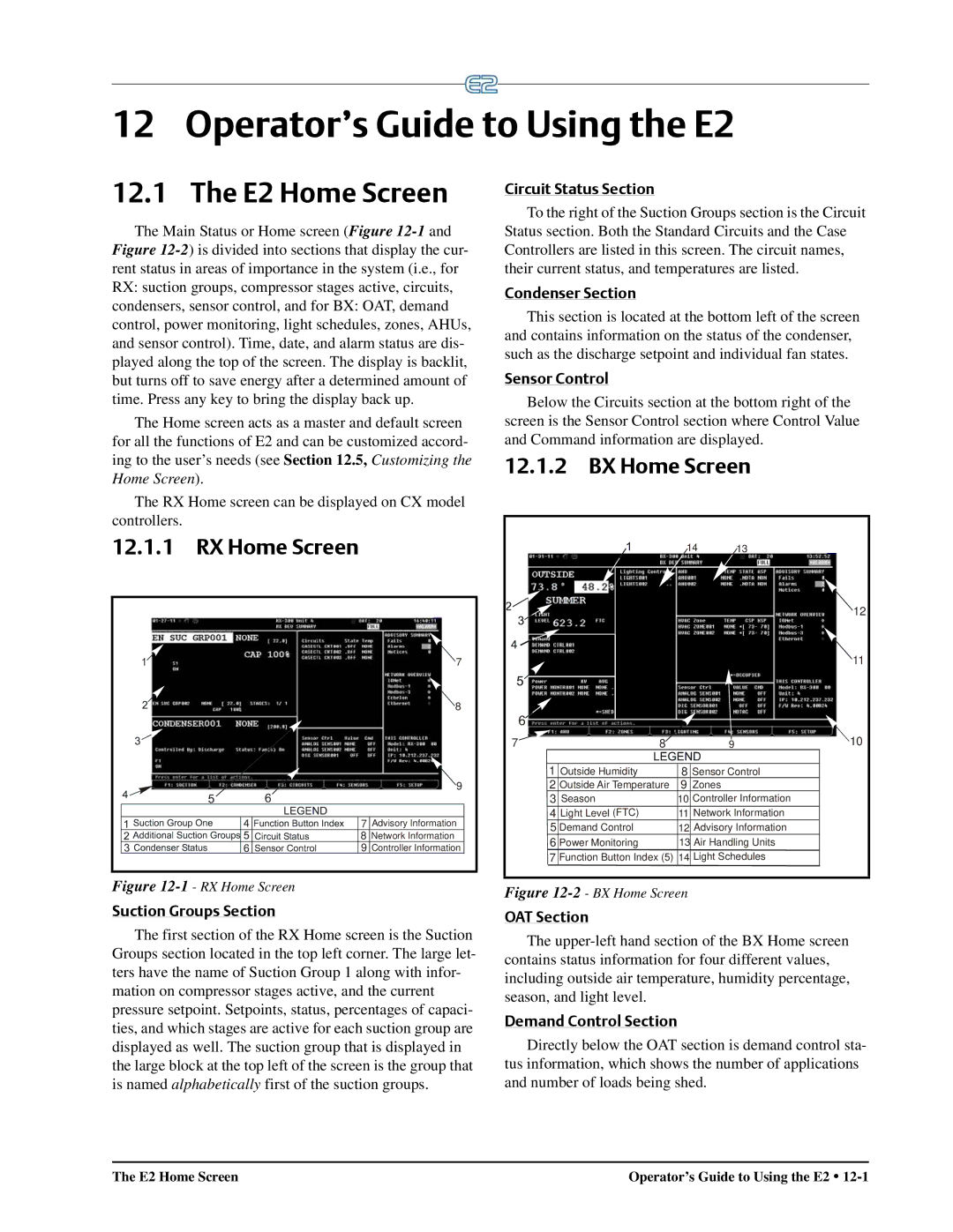 Emerson operation manual Operator’s Guide to Using the E2, E2 Home Screen, BX Home Screen, RX Home Screen 