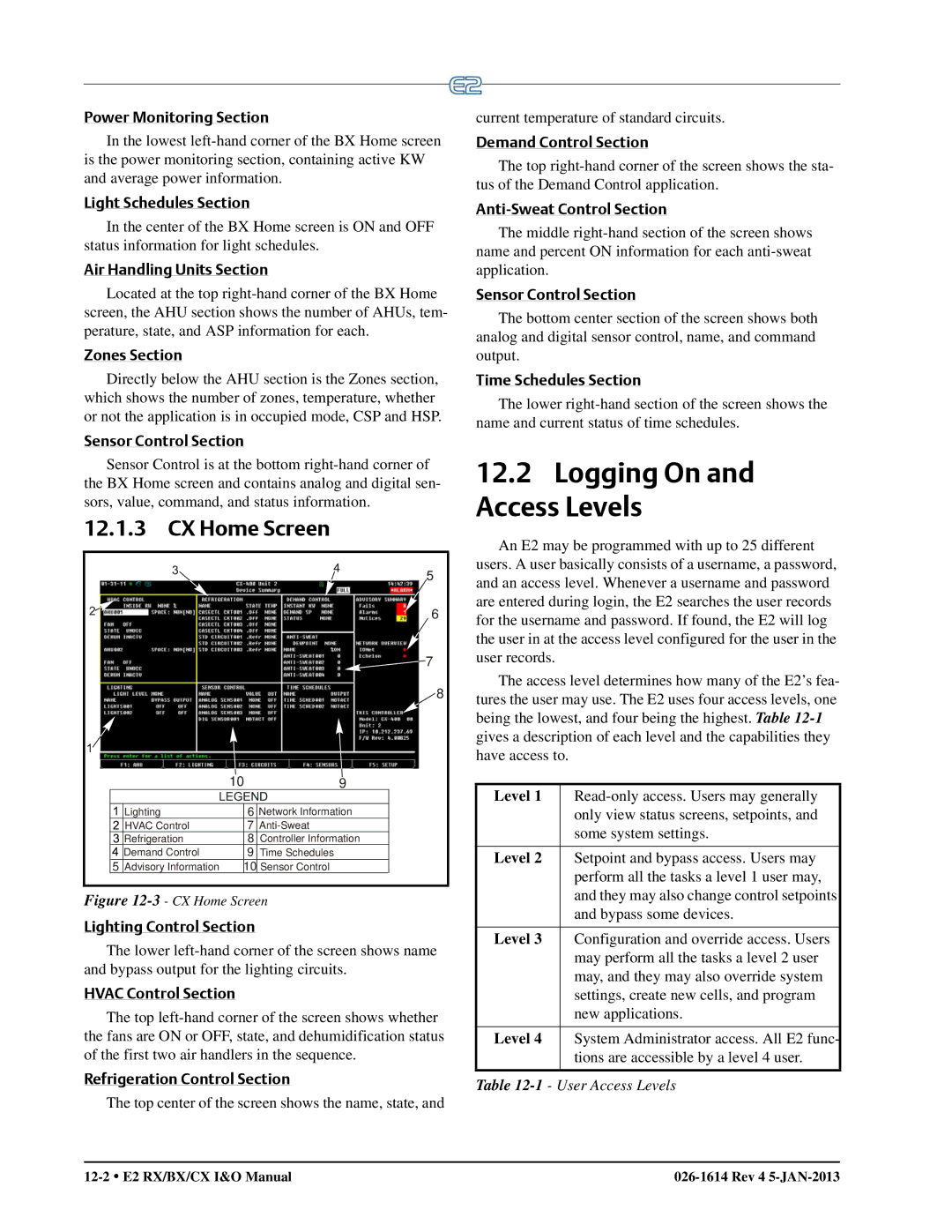 Emerson E2 operation manual Logging On and Access Levels, CX Home Screen 