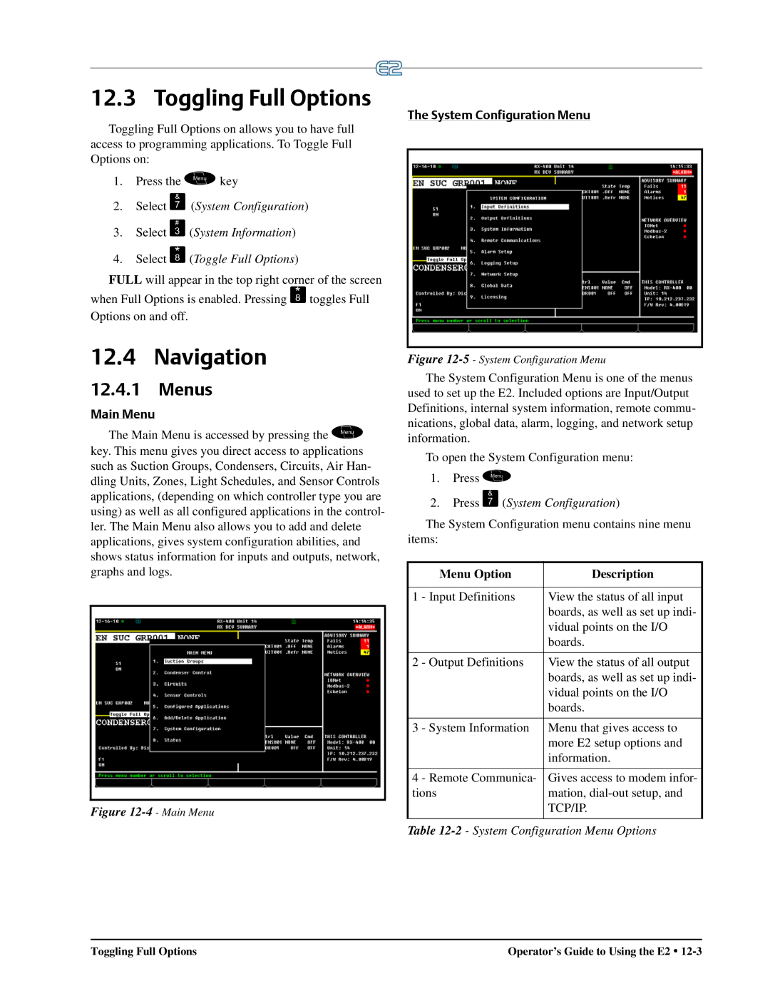 Emerson E2 operation manual Toggling Full Options, Navigation, Menus, Main Menu, System Configuration Menu 