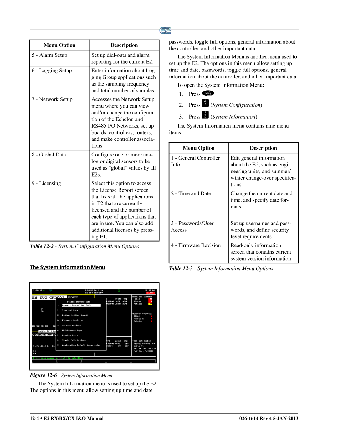 Emerson E2 operation manual System Information Menu, Press System Configuration Press System Information 