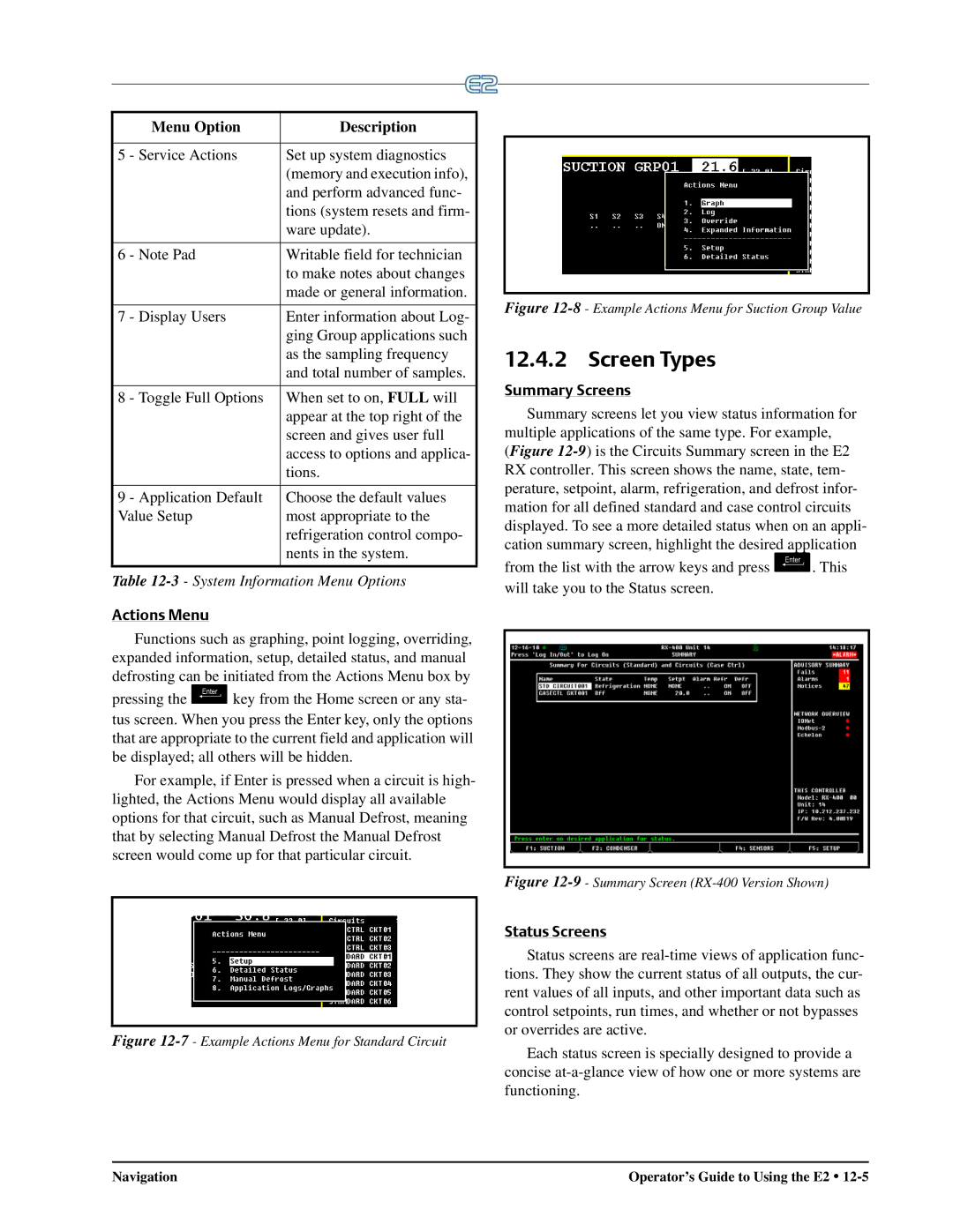 Emerson E2 operation manual Screen Types, Actions Menu, Summary Screens, Status Screens 