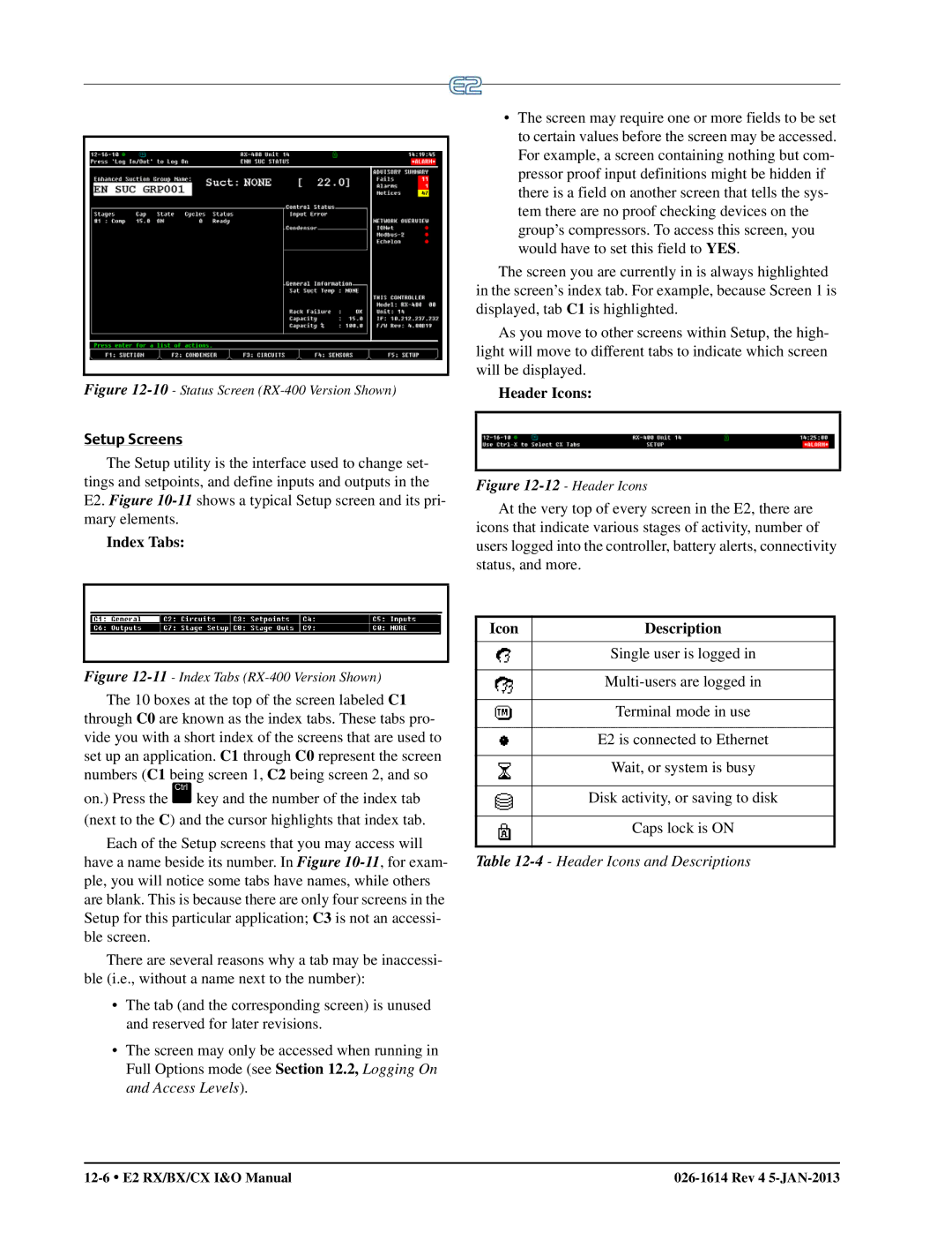 Emerson E2 operation manual Setup Screens, Index Tabs, Header Icons 