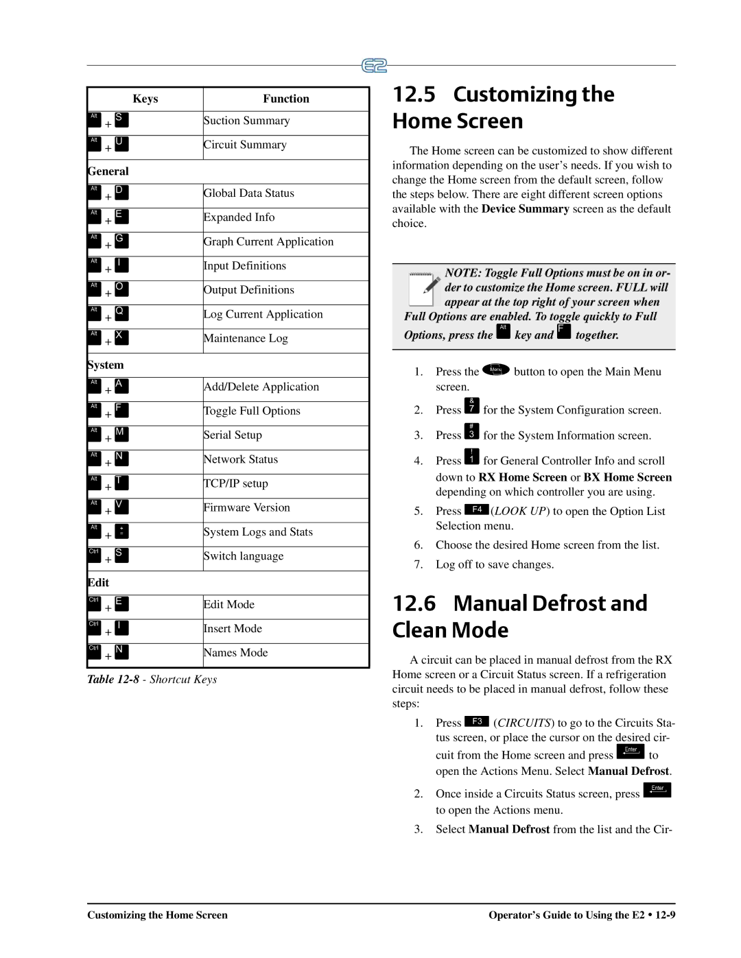 Emerson E2 operation manual Customizing the Home Screen, Manual Defrost and Clean Mode 