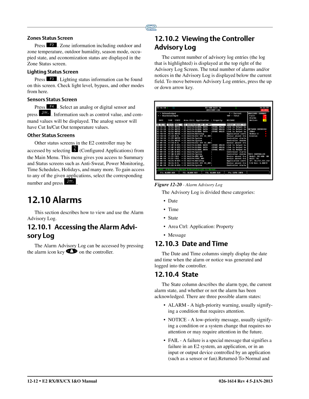 Emerson E2 Alarms, Accessing the Alarm Advi Sory Log, Viewing the Controller Advisory Log, Date and Time, State 