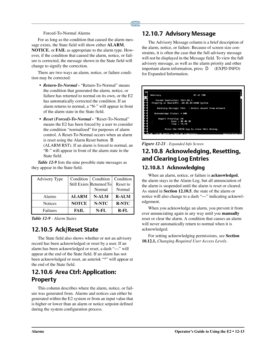 Emerson E2 12.10.5 Ack/Reset State, Area Ctrl Application Property, Advisory Message, Acknowledging, Alarm States 