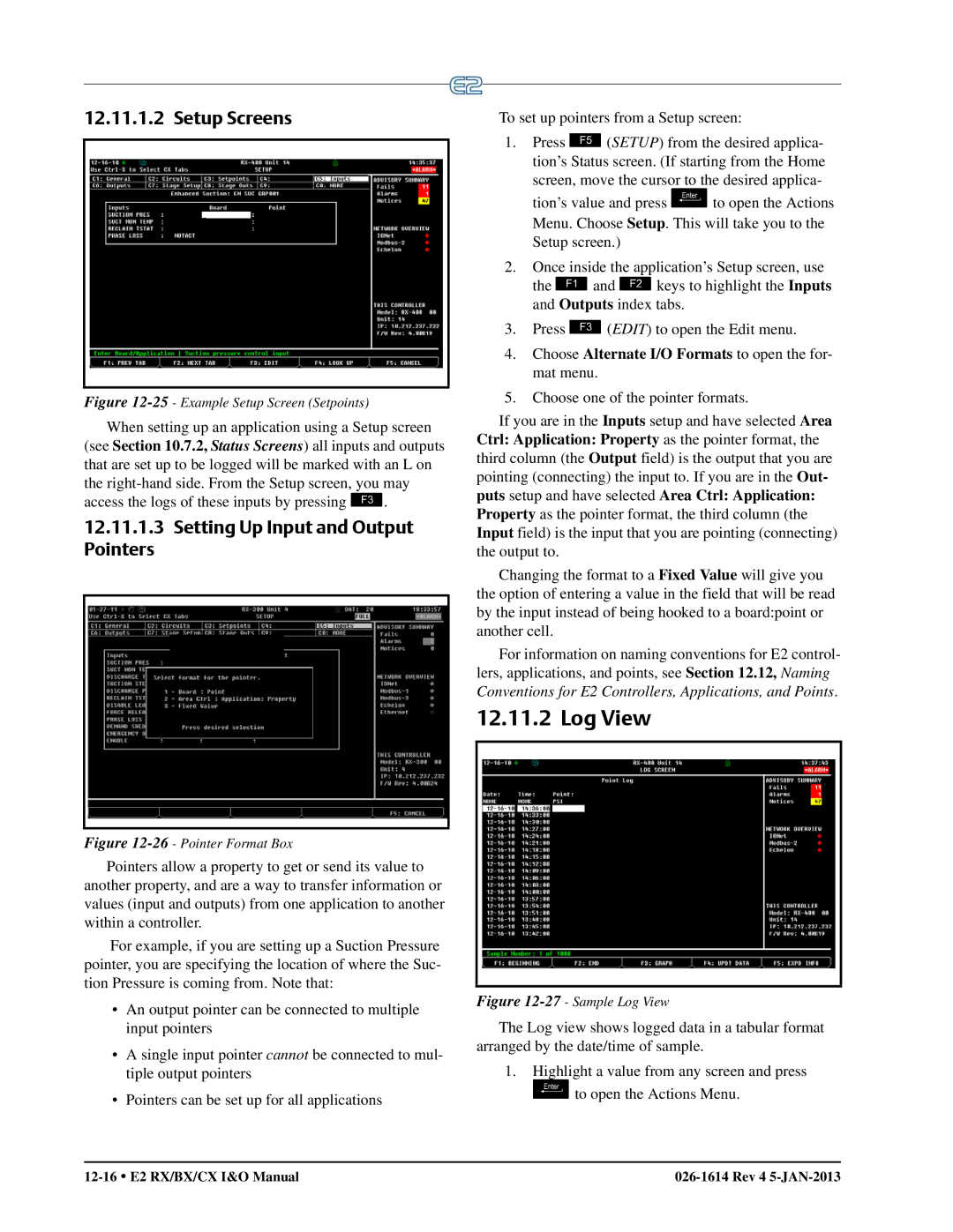 Emerson E2 operation manual Log View, Setup Screens, Setting Up Input and Output Pointers 