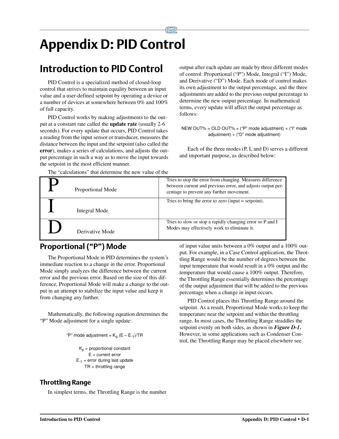 Emerson E2 operation manual Appendix D PID Control, Proportional P Mode, Throttling Range 