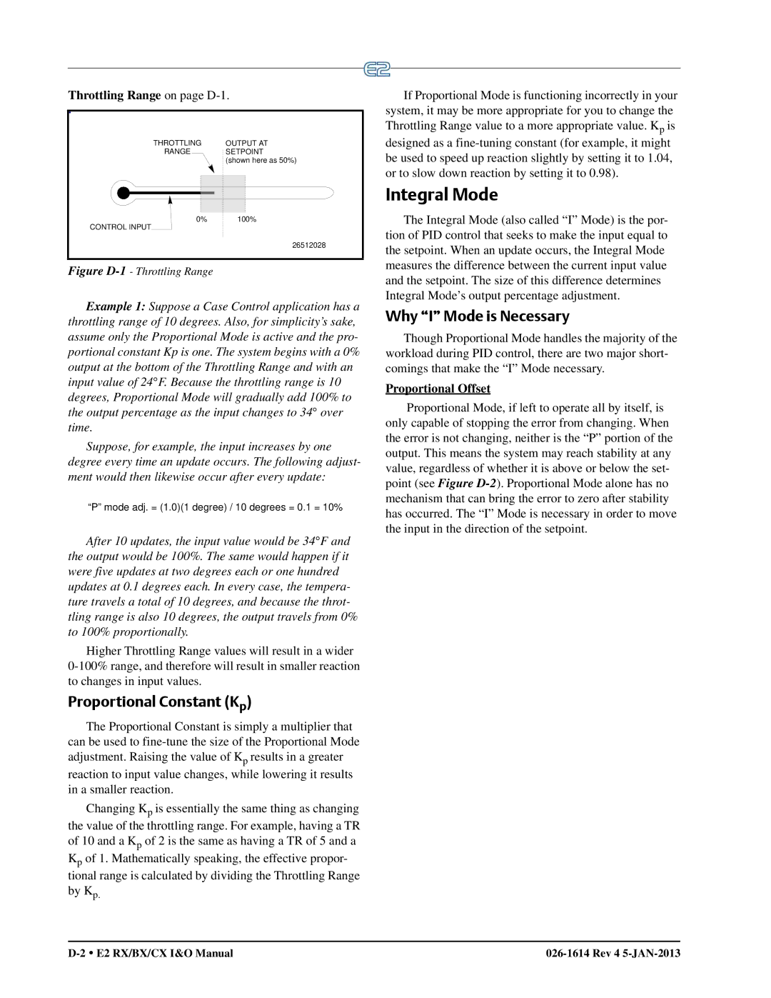 Emerson E2 operation manual Integral Mode, Proportional Constant Kp, Why I Mode is Necessary, Throttling Range on page D-1 