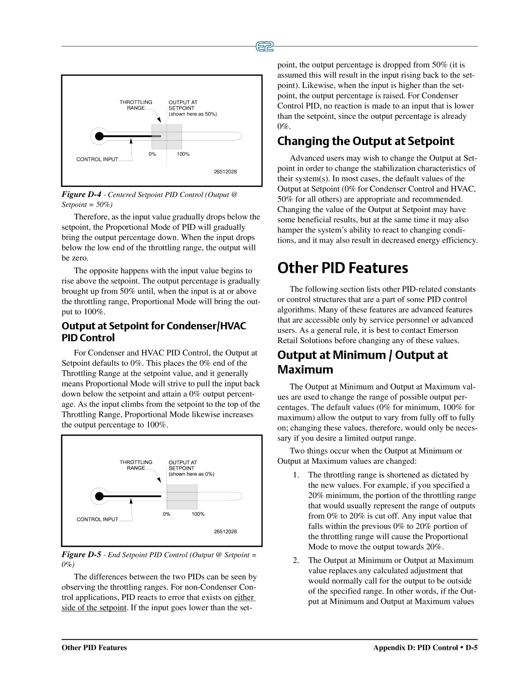 Emerson E2 operation manual Other PID Features, Changing the Output at Setpoint, Output at Minimum / Output at Maximum 