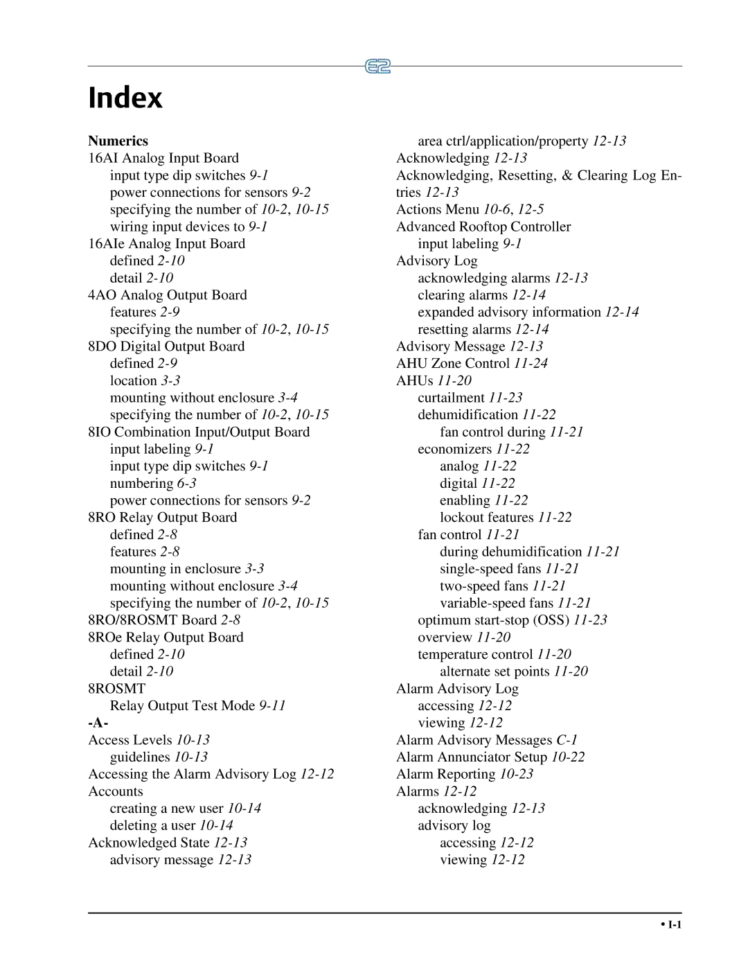 Emerson E2 operation manual Index, Numerics 