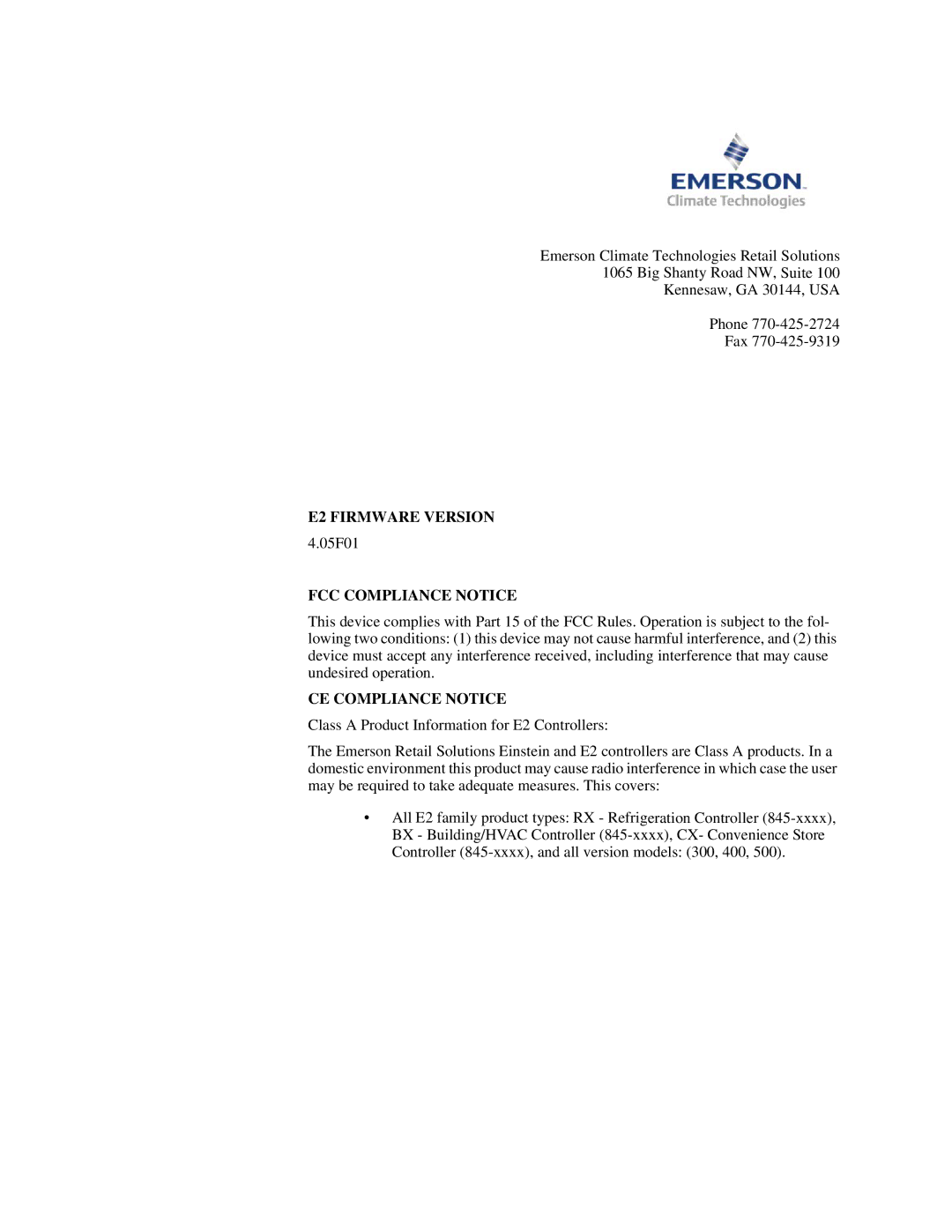 Emerson operation manual E2 Firmware Version 