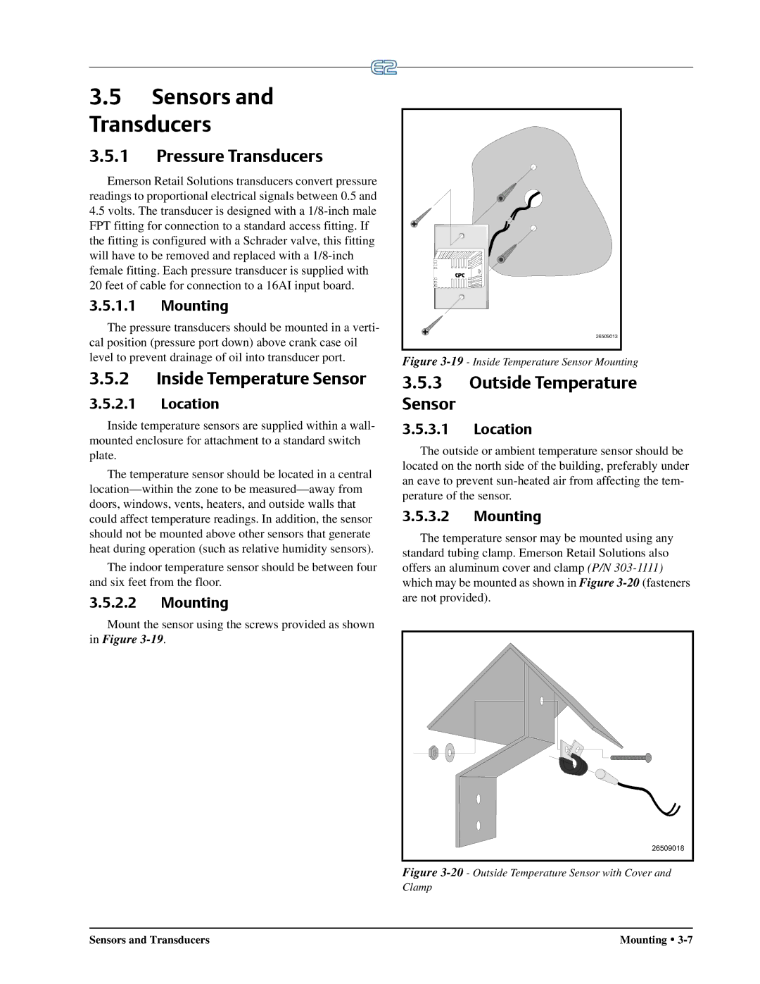 Emerson E2 Sensors Transducers, Pressure Transducers, Inside Temperature Sensor, Outside Temperature Sensor 